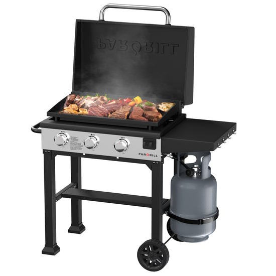 PARGRILL 28" Flat Top Grill Griddle Station with Gas Hood & Side Shelves – Heavy Duty Outdoor Propane BBQ