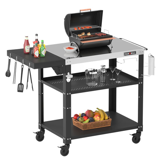 PARGRILL Outdoor Grill Prep Cart with 3 Shelves, Foldable Side Table, Lockable Wheels, 200 LBS Capacity, 46.6" x 20"