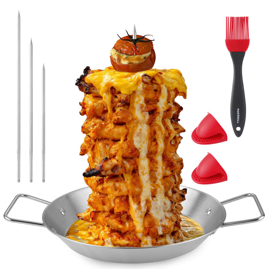 PARGRILL Stainless Steel Al Pastor Skewer Stand for Grill – 3 Spikes (8"/10"/12") with Brush & Heat-Resistant Fittings
